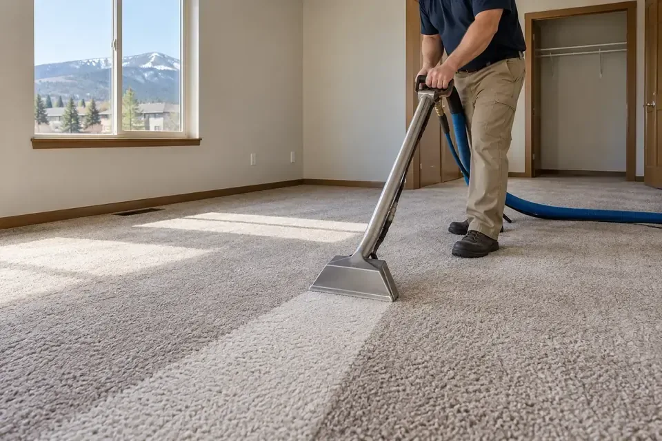 Technician cleaning carpet in an empty Missoula apartment between tenants