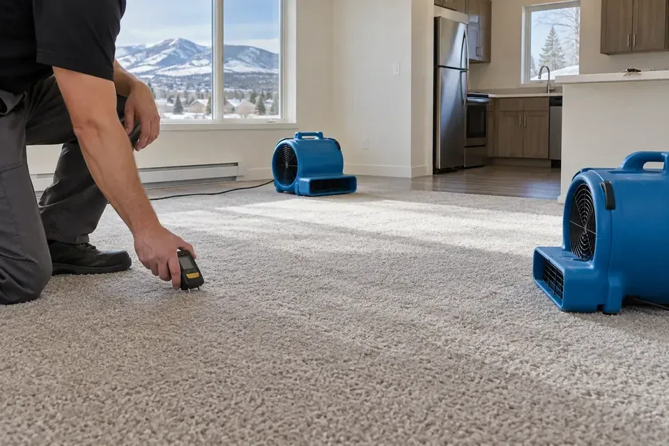 Air movers drying freshly cleaned carpet during a Missoula apartment turnover