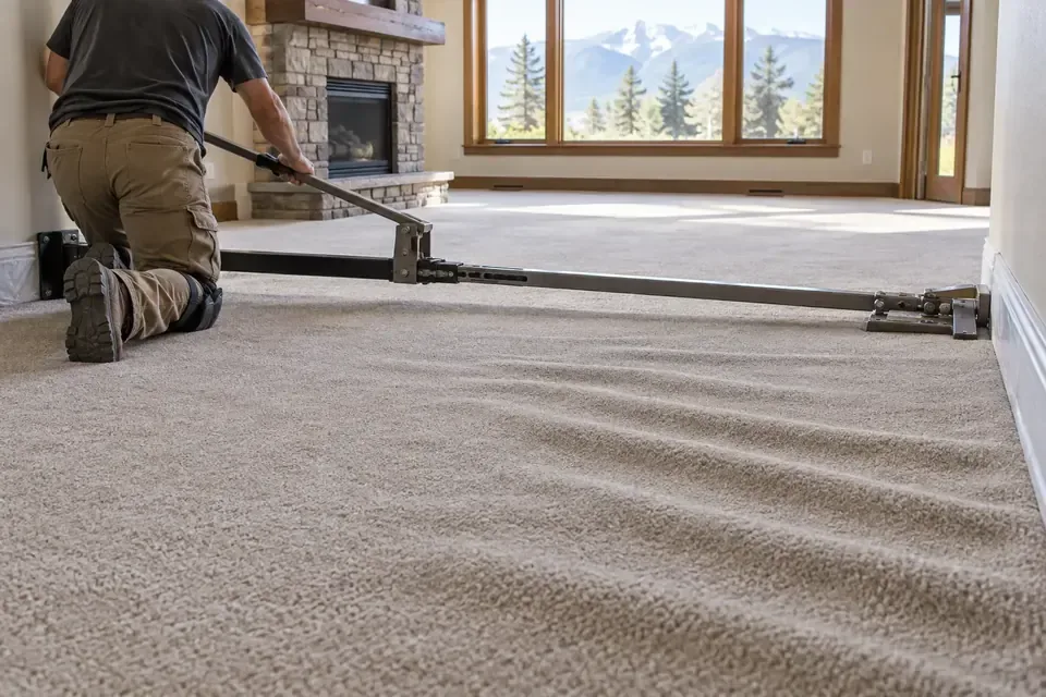 Technician removing carpet ripples with a professional power stretcher in Missoula