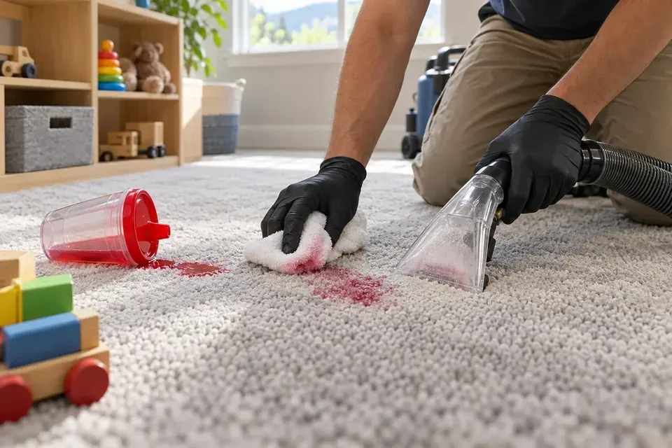 Technician removing a red drink stain from playroom carpet in Missoula