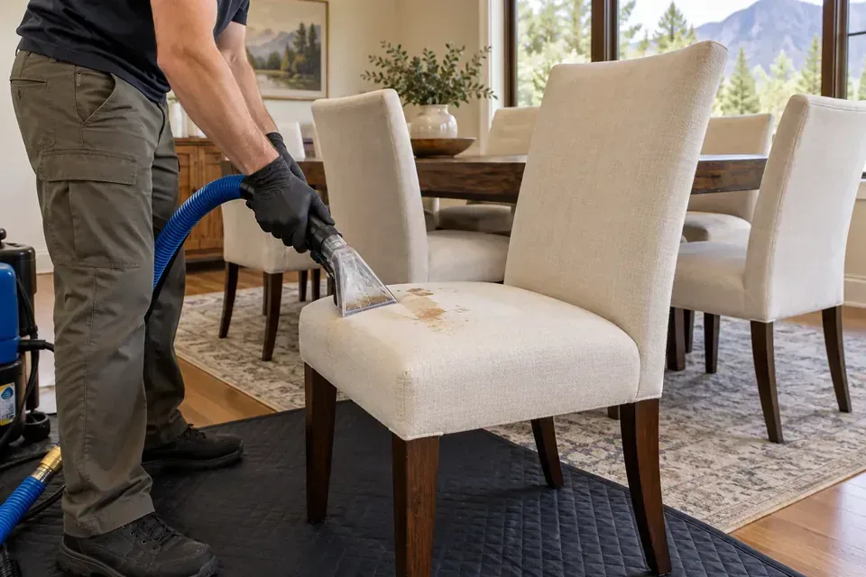 Technician extracting food stains from an upholstered dining chair in Missoula