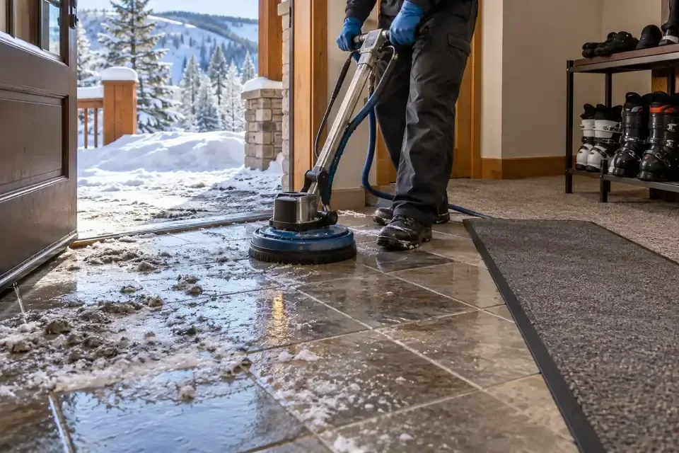 Technician removing winter slush and ice-melt residue from Grant Creek entry tile