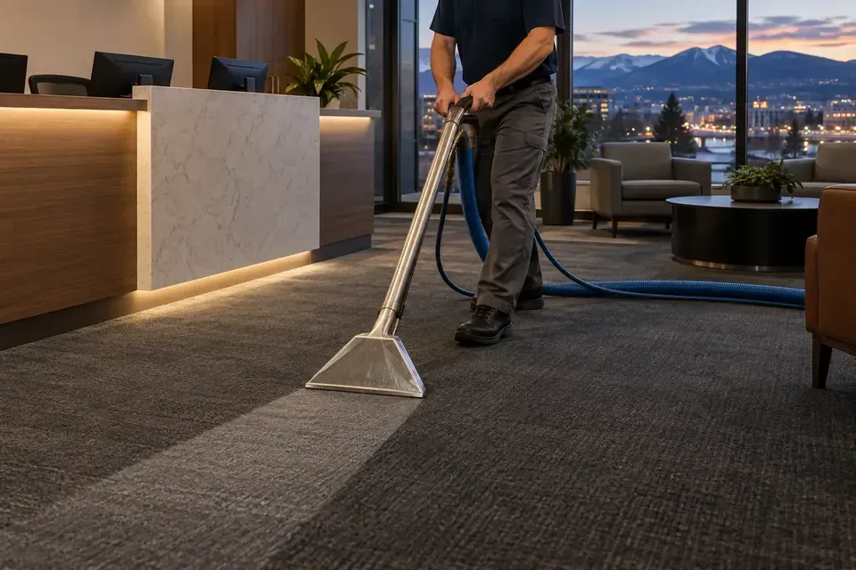 Technician extracting low-pile carpet in a downtown Missoula office reception area