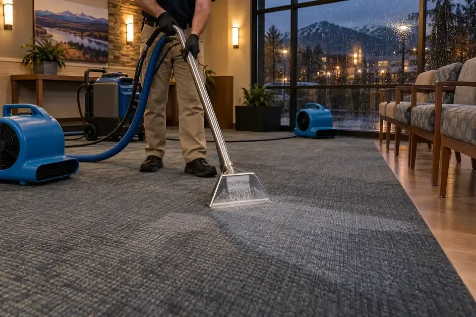 Technician extracting office waiting-room carpet while air movers speed drying