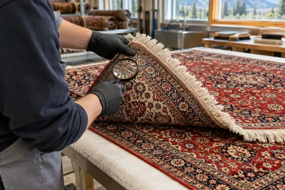 Technician inspecting knots pile and fringe on a Persian rug before cleaning