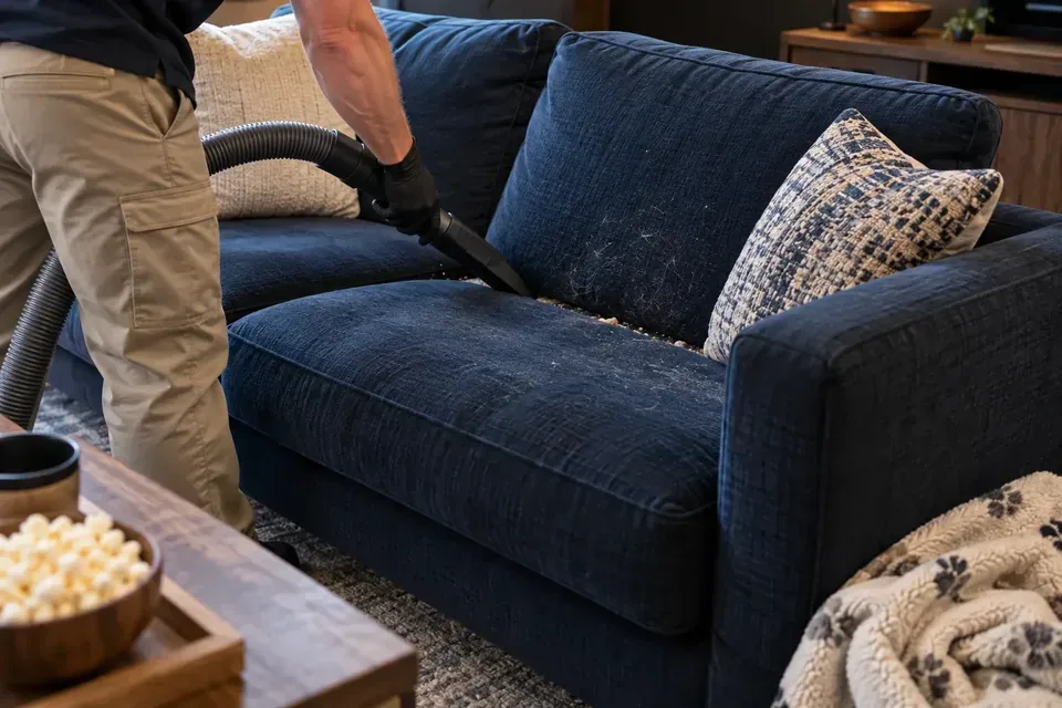 Technician removing pet hair and crumbs from the seams of a fabric couch