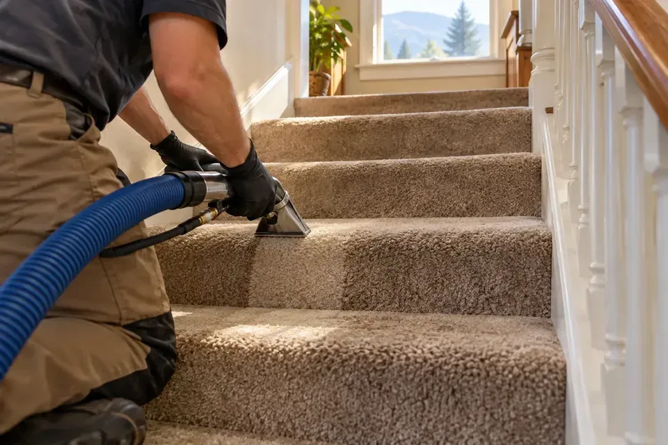 Technician professionally cleaning carpeted stairs in a Missoula home