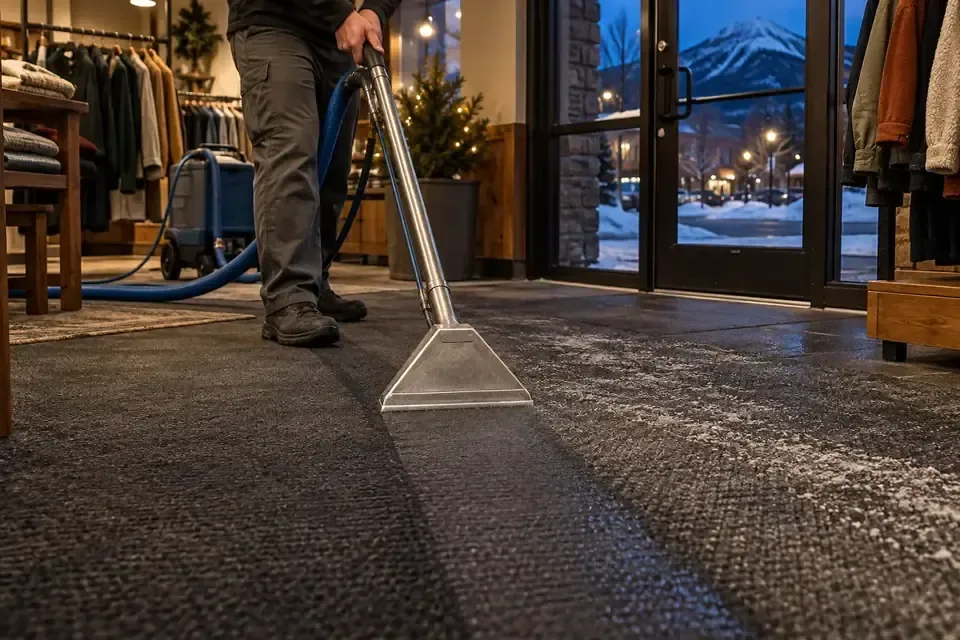 After-hours extraction cleaning winter salt from a Missoula retail store entrance carpet