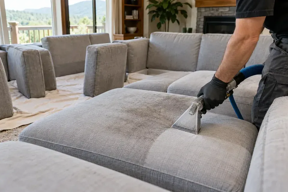 Technician professionally extracting soil from a sectional sofa cushion in Missoula
