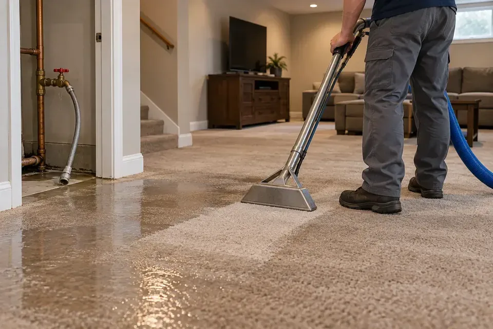 Technician extracting clean water from carpet after a burst pipe in Missoula