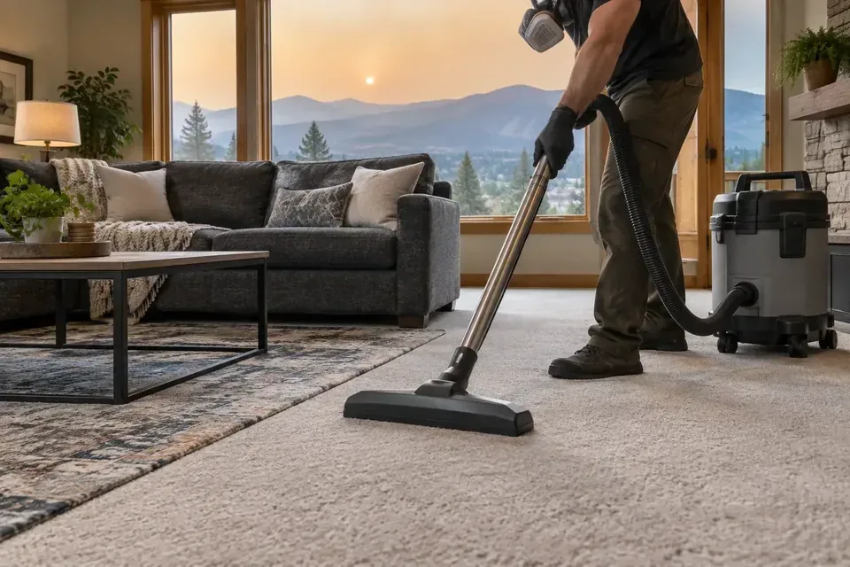 Technician HEPA vacuuming carpet after wildfire smoke entered a Missoula home